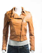Ladies Tan Corset Detail Slim Fit Biker Style Leather Jacket: Francesca